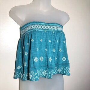 CAPE JUBY BY AEROPOSTALE STRAPLESS TEAL/WHITE EMBROIDERED BOHO TOP XS-EUC